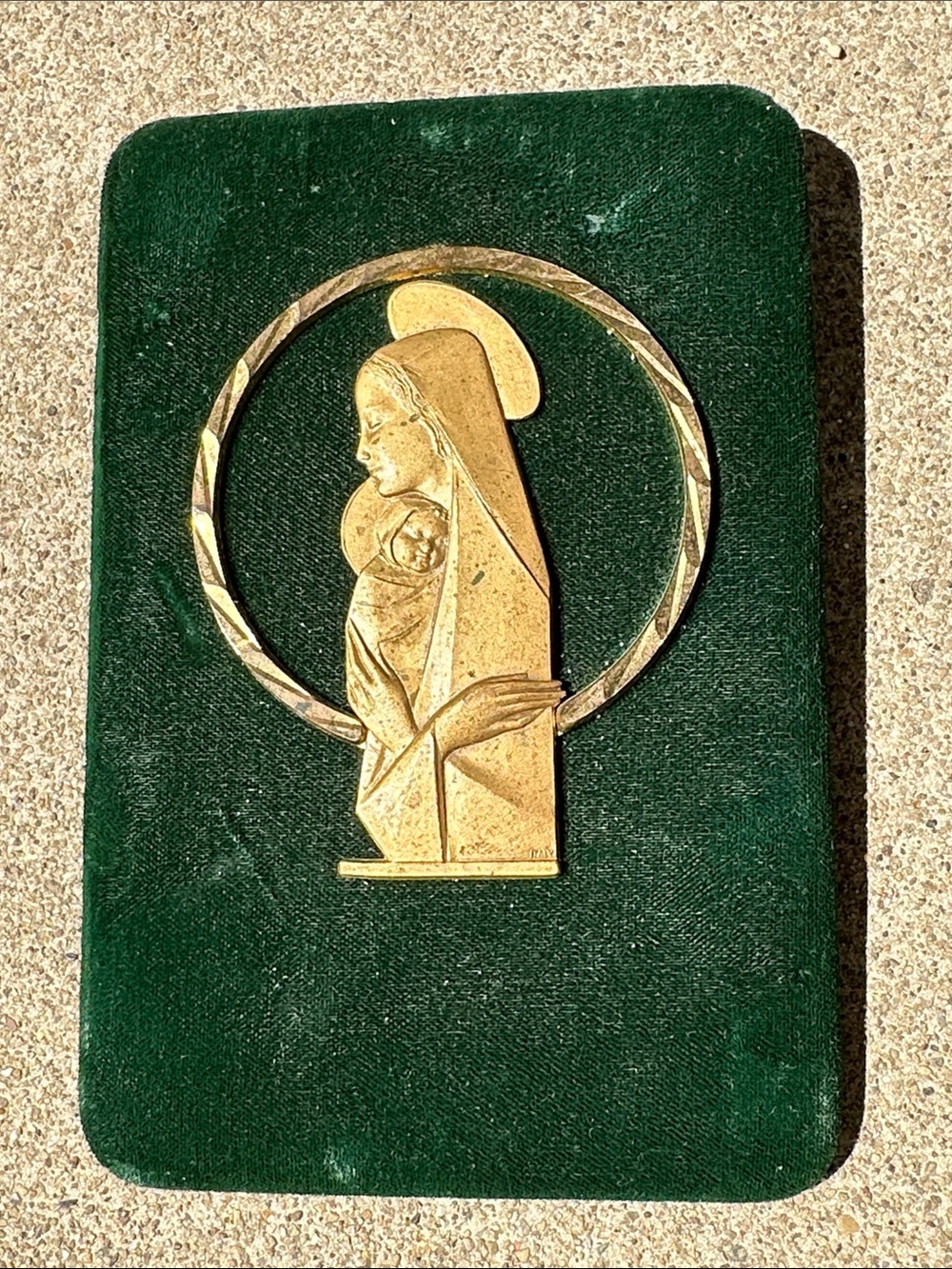 Vintage Gold Tone Madonna and Child Wall Plaque on Dark Green Backing VTG